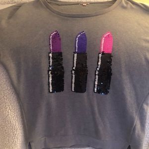 Juicy Couture grey soft sweat shirt material with pics of lipsticks in sequins